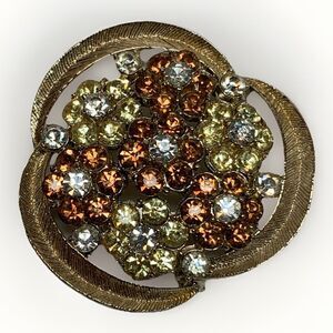 Vtg. Amber And Clear Colored Rhinestone Set In Gold Tone Frame Pin Brooch